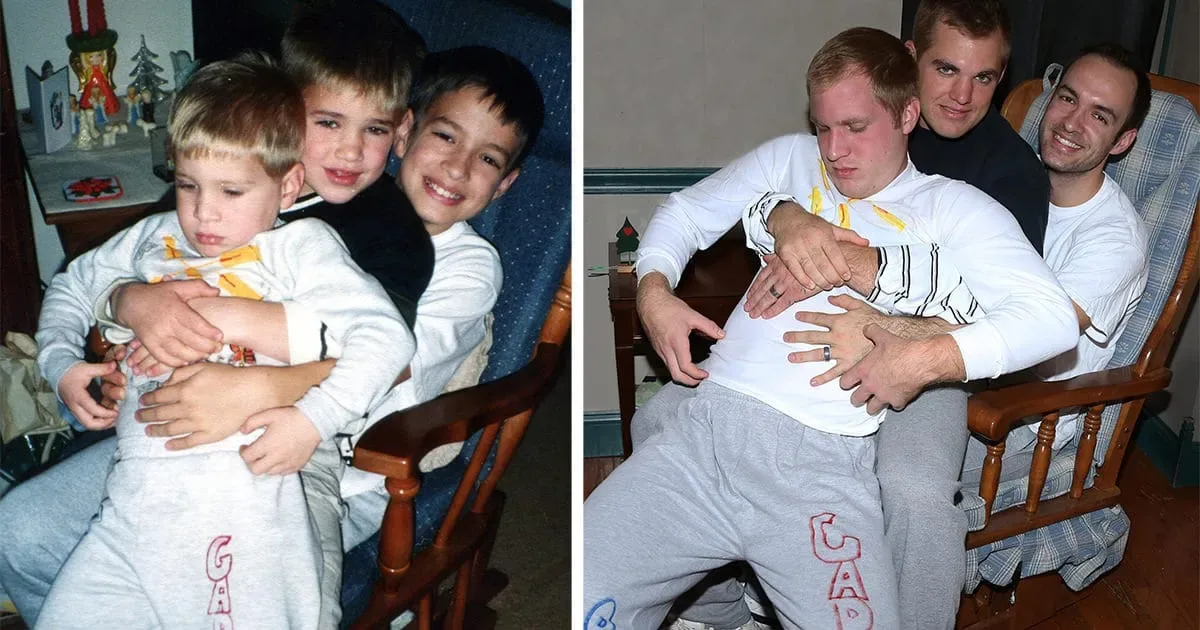 Pour faire un Cadeau à leur Maman, Trois Frères reconstituent leurs Photos d’Enfance les plus Bizarres